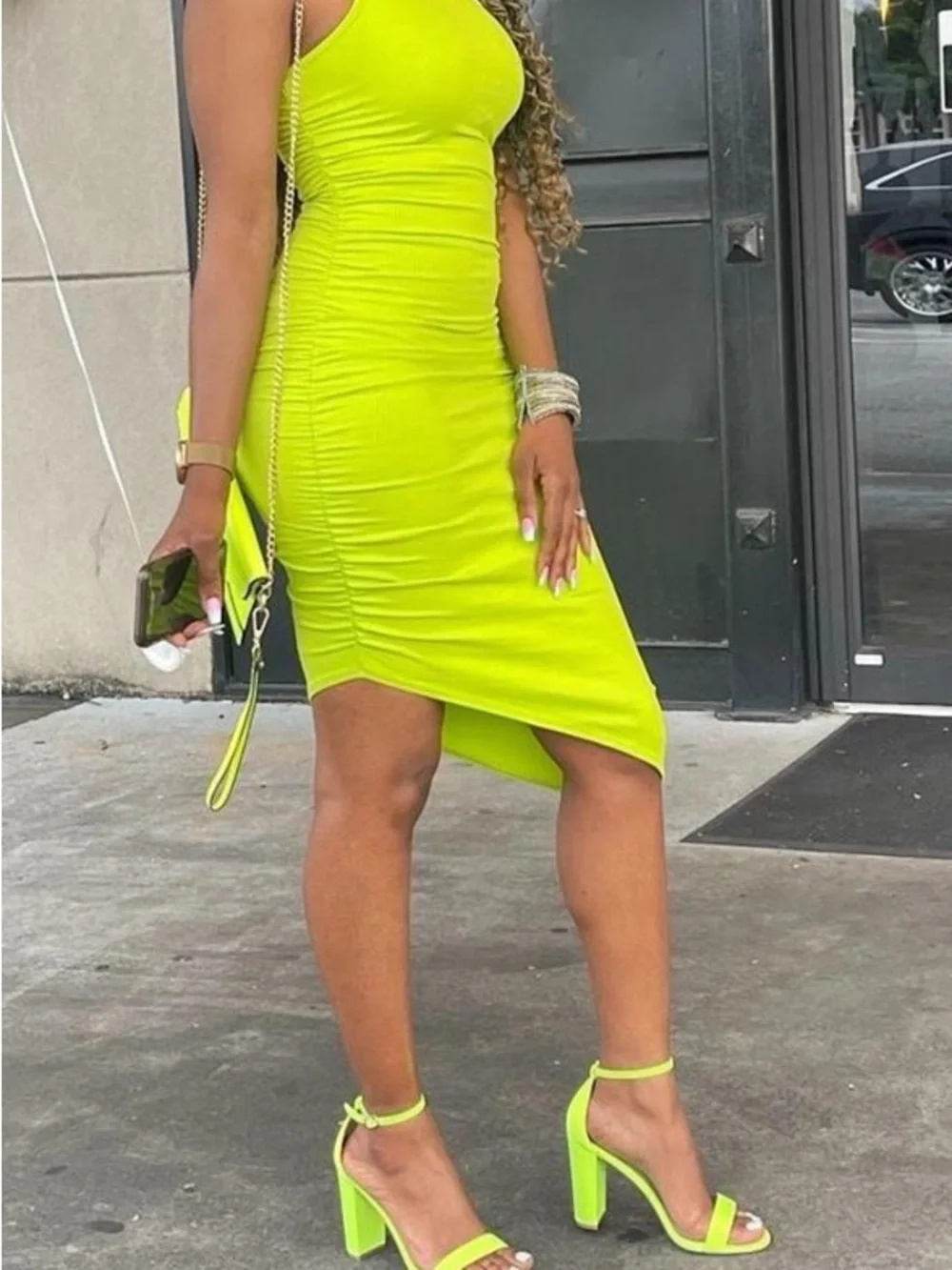 Fashion Nova Neon Lime Block Heel Ankle Strap Sandals
